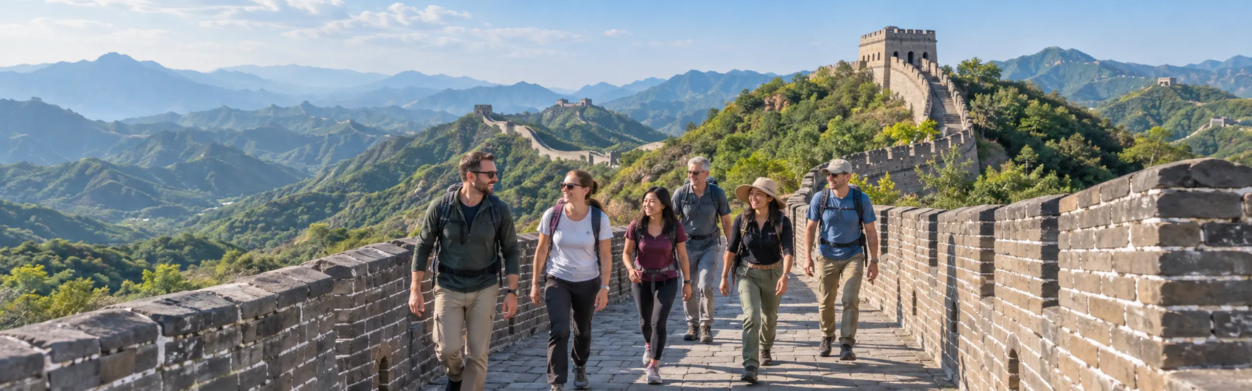 International travelers walking together on the Great Wall of China