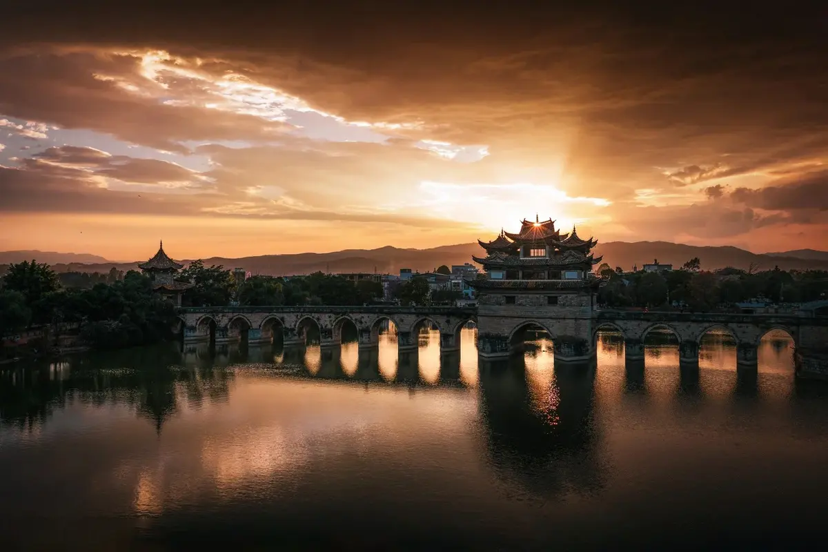 Double Dragon Bridge near Jianshui at sunset