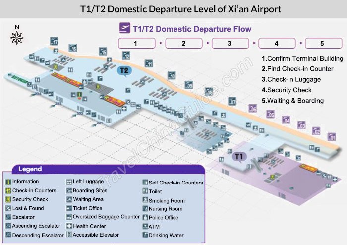 Map of Xi'an Airport T1/T2 Domestic Departure Level Map of Xi'an Airport T1/T2 Domestic Departure Level