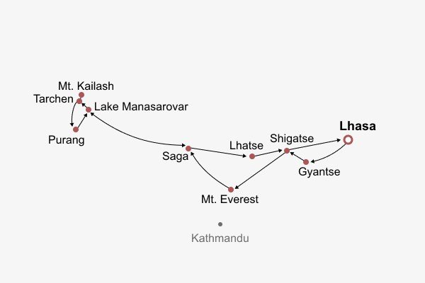 Epic Tibet: Mt. Everest, Kailash & Lake Manasarovar Itinerary Map Epic Tibet: Mt. Everest, Kailash & Lake Manasarovar Itinerary Map