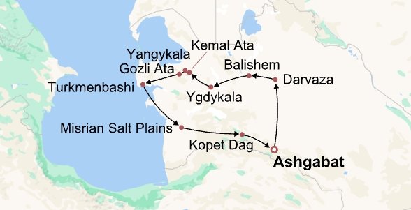 Turkmenistan Nature Tour Itinerary Map