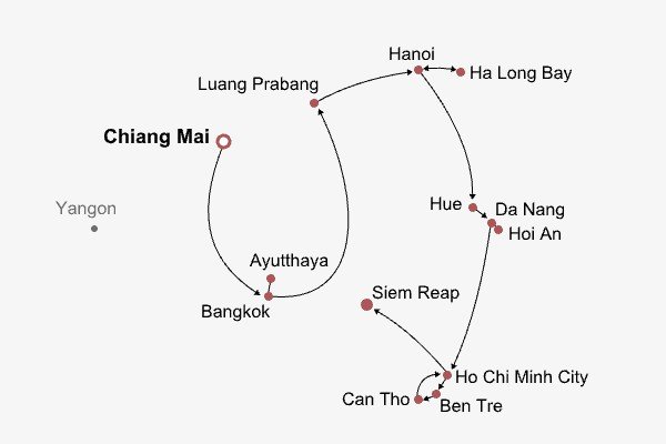 Thailand, Laos, Vietnam & Cambodia Itinerary Map Thailand, Laos, Vietnam & Cambodia Itinerary Map