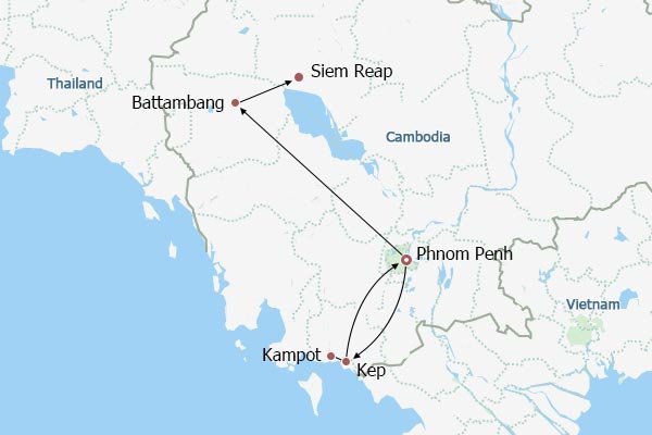 Angkor Temples, Villages & Beach Resorts Itinerary Map