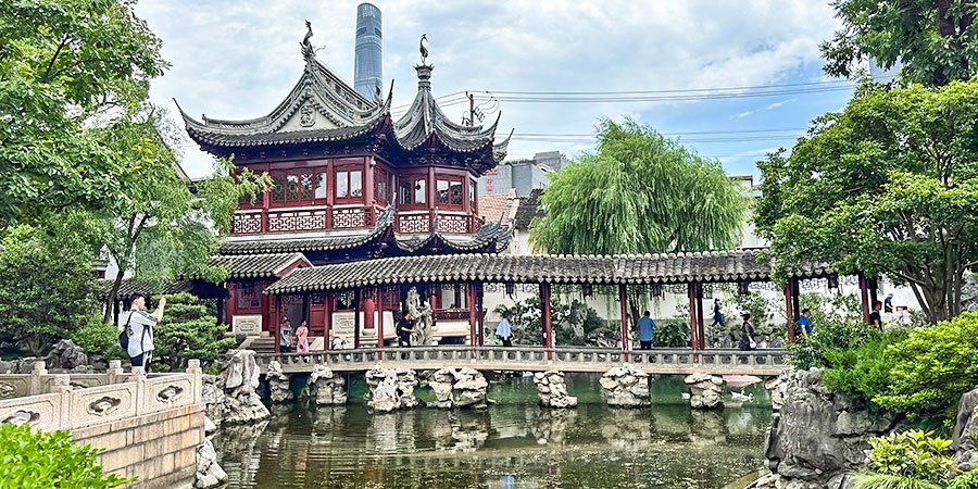 Traditional pavilion and pond in Yu Garden