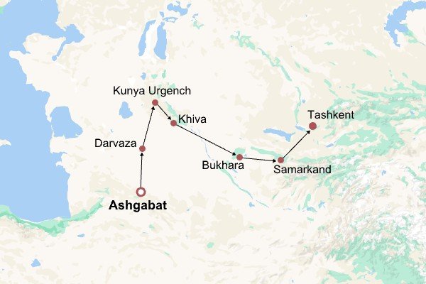 Uzbekistan & Turkmenistan Highlights Itinerary Map