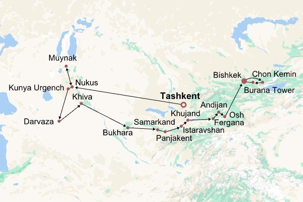 Uzbekistan, Turkmenistan, Tajikistan & Kyrgyzstan Tour Itinerary Map