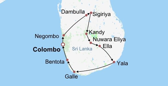 Wildlife, Beach, Heritage of Sri Lanka Itinerary Map