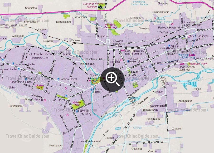 Luoyang downtown map with major roads, buildings and attractions
