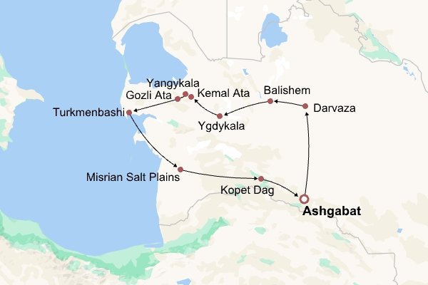 Turkmenistan Nature Tour Itinerary Map