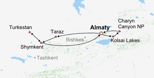 Splendid Kazakhstan Tour from Almaty Itinerary Map