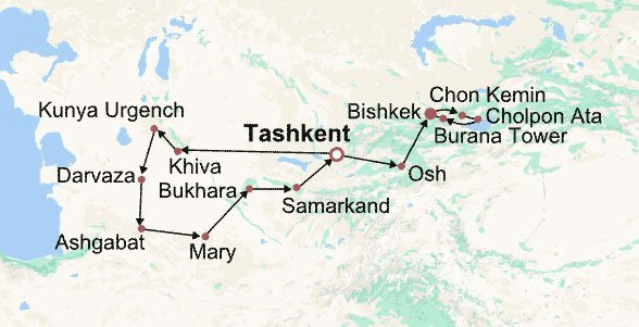 Uzbekistan, Turkmenistan & Kyrgyzstan Trip Itinerary Map