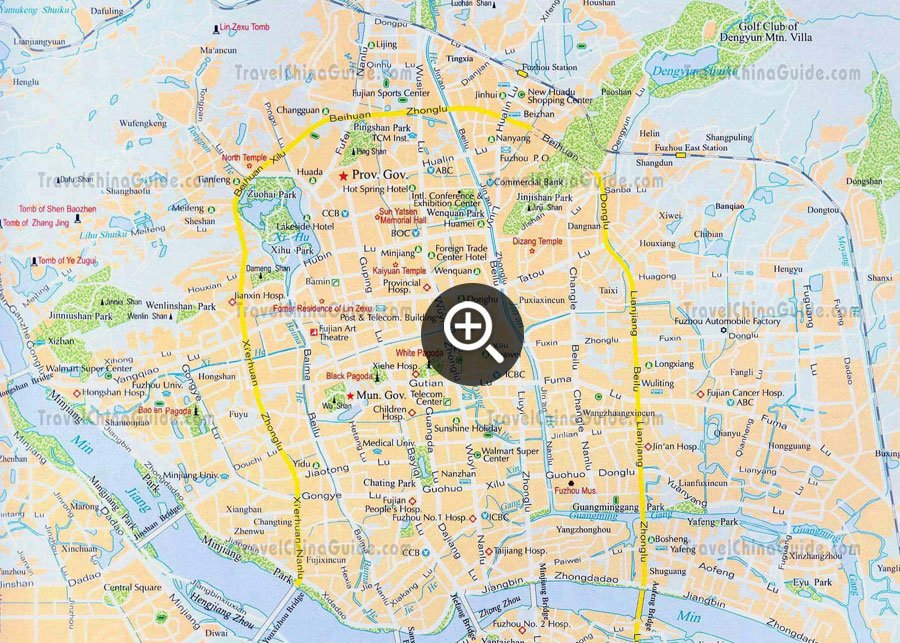 Fuzhou Map with main streets, attractions