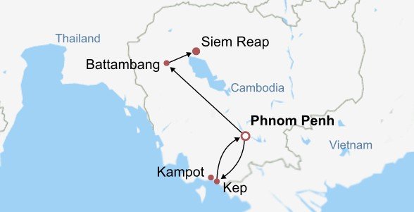 Angkor Temples, Villages & Beach Resorts Itinerary Map