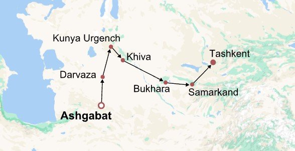 Uzbekistan & Turkmenistan Highlights Itinerary Map