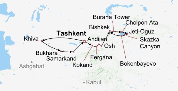 Classical Uzbekistan and Kyrgyzstan Itinerary Map