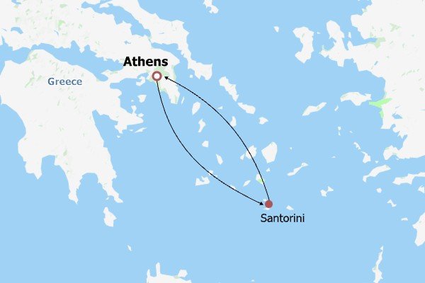 Athens and Santorini Tour Itinerary Map Athens and Santorini Tour Itinerary Map