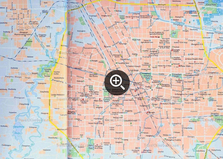 Zhengzhou map with main streets, scenic spots