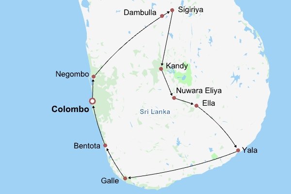 Wildlife, Beach, Heritage of Sri Lanka Itinerary Map