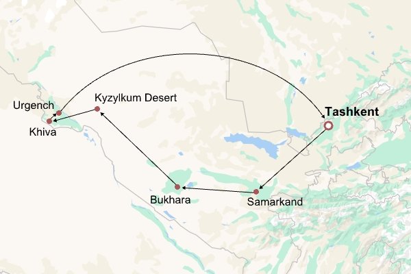 Classic Uzbekistan Tour Package Itinerary Map Classic Uzbekistan Tour Package Itinerary Map
