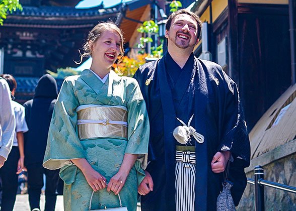 Visitors in Japanese Kimono Dress