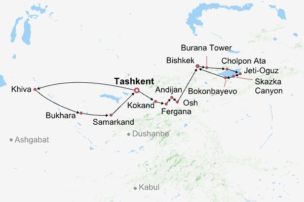 Classical Uzbekistan and Kyrgyzstan Itinerary Map Classical Uzbekistan and Kyrgyzstan Itinerary Map