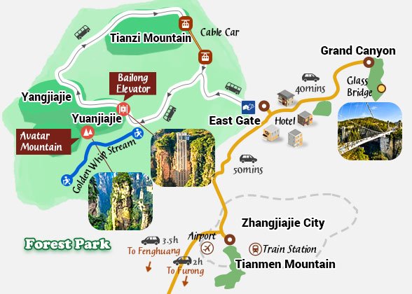 5 Days to Zhangjiajie, Furong & Fenghuang Itinerary Map 5 Days to Zhangjiajie, Furong & Fenghuang Itinerary Map