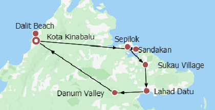 Malaysia Borneo Wildlife Discovery Itinerary Map
