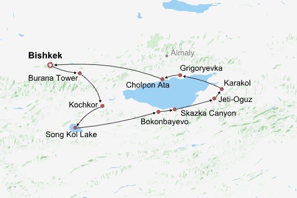 Nomadic Experience in Kyrgyzstan Itinerary Map Nomadic Experience in Kyrgyzstan Itinerary Map