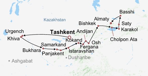 Uzbekistan, Tajikistan, Kyrgyzstan & Kazakhstan Itinerary Map