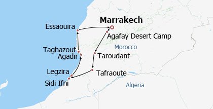 South Coastal Morocco: Surfing & Desert Camp Itinerary Map
