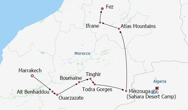 Legendary Morocco Desert Adventure Itinerary Map Legendary Morocco Desert Adventure Itinerary Map