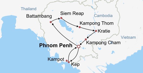 Ultimate Cambodia in Two Weeks Itinerary Map