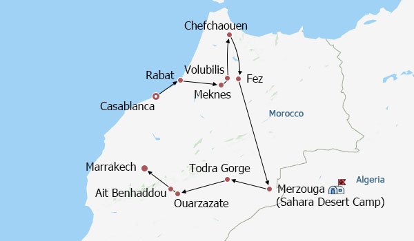 Best Morocco Tour to Sahara Desert Itinerary Map Best Morocco Tour to Sahara Desert Itinerary Map