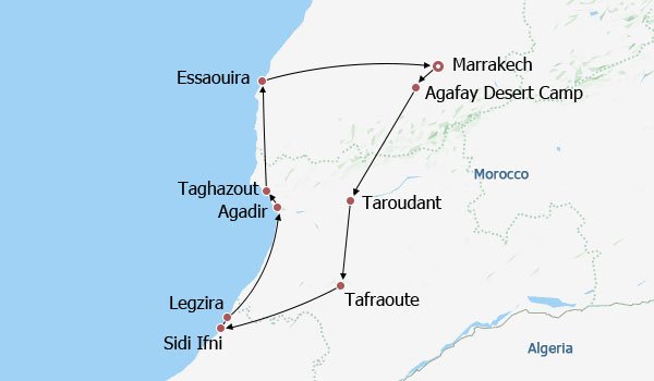 South Coastal Morocco: Surfing & Desert Camp Itinerary Map