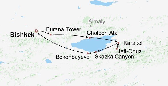 Kyrgyzstan Vacation around Issyk-Kul Lake Itinerary Map