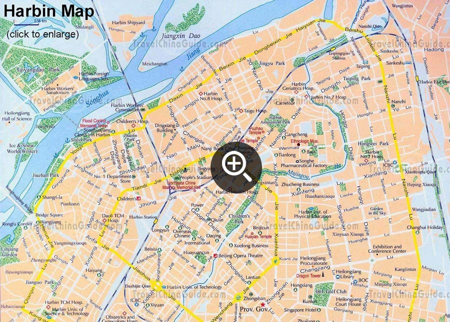 Heilongjiang Harbin Map with main streets, attractions