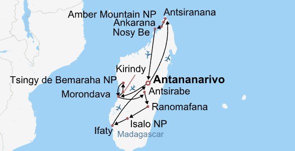 Madagascar In-Depth Tour Itinerary Map Madagascar In-Depth Tour Itinerary Map