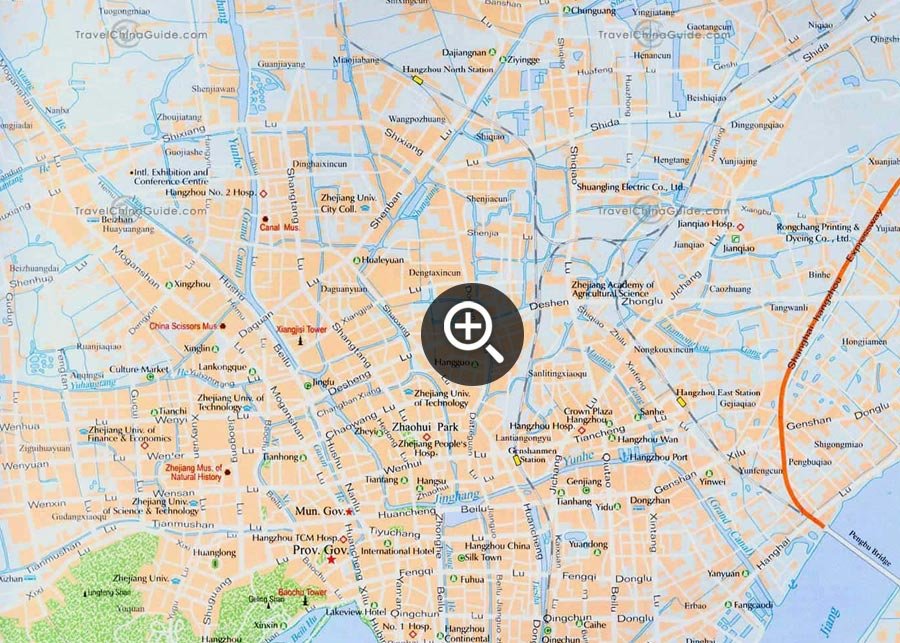 Hangzhou Map with main roads, scenic spots Hangzhou Map with main roads, scenic spots