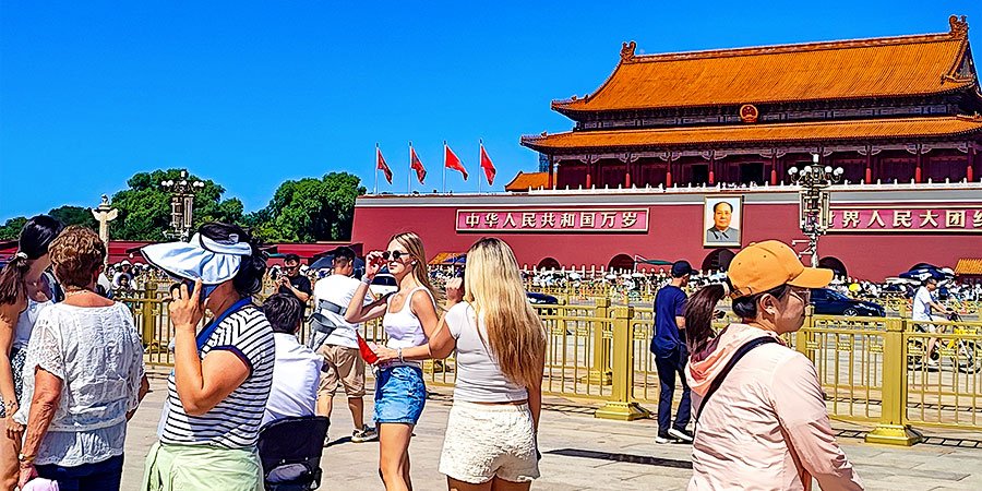 Visitors in Front of Tiananmen Tower