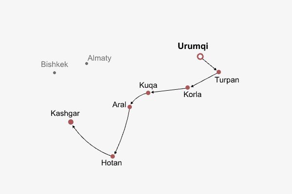 South Xinjiang in Focus Itinerary Map South Xinjiang in Focus Itinerary Map