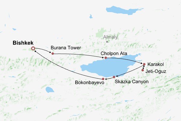 Kyrgyzstan Vacation around Issyk-Kul Lake Itinerary Map Kyrgyzstan Vacation around Issyk-Kul Lake Itinerary Map