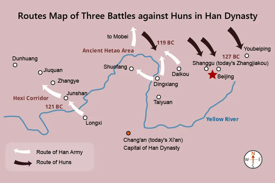 Routes Map of Three Battles against Huns in Han Dynasty